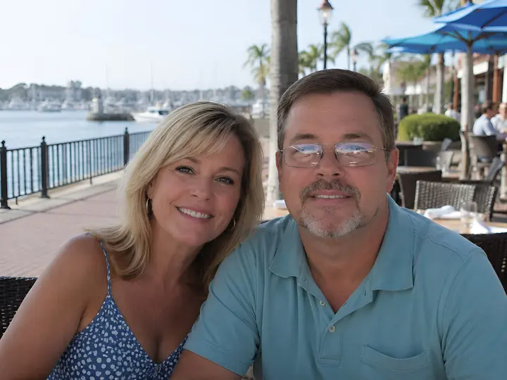 Before glare removal: Lens reflections on the person wearing glasses in an outdoor photo.