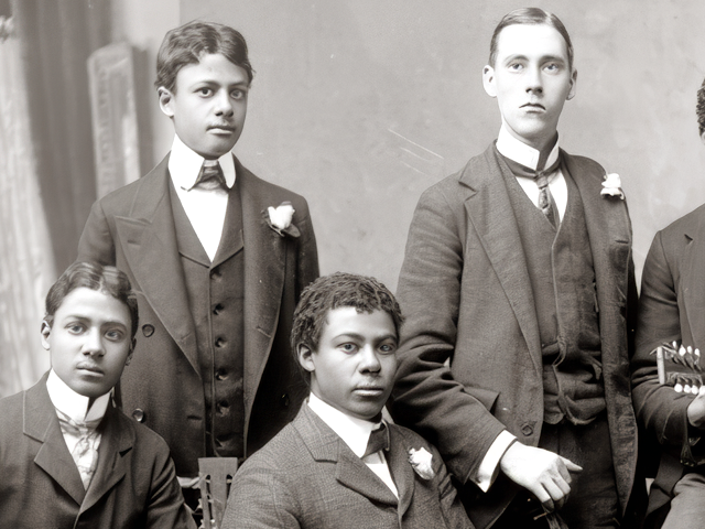 AI High Fidelity 2×: Six musicians posing with their instruments in an archival group photograph